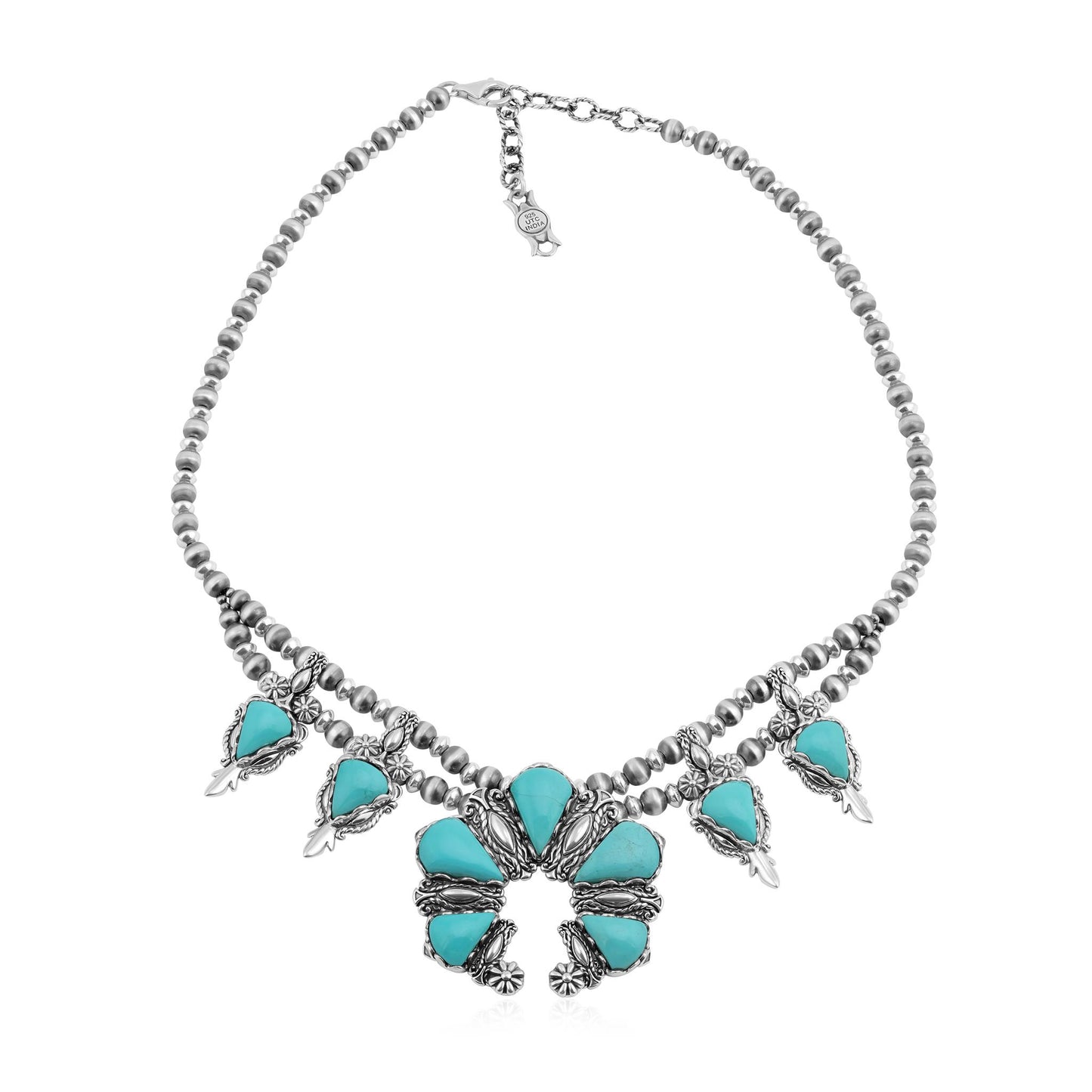 Sterling Silver Kingman Turquoise Pear Gemstone Squash Blossom Necklace, 17 to 20 Inches