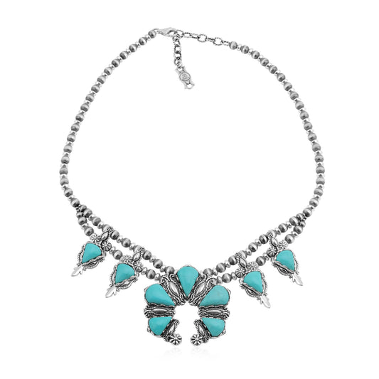 Sterling Silver Kingman Turquoise Pear Gemstone Squash Blossom Necklace, 17 to 20 Inches