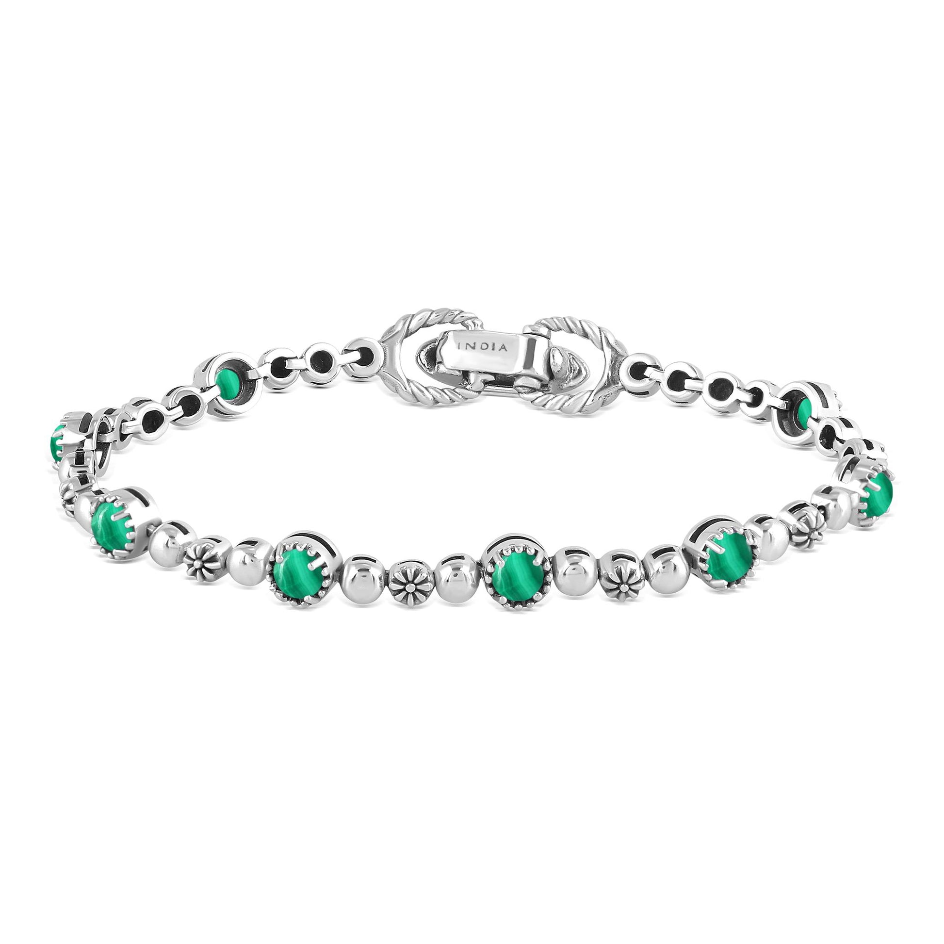 Sterling Silver Malachite Round Beaded Bracelet