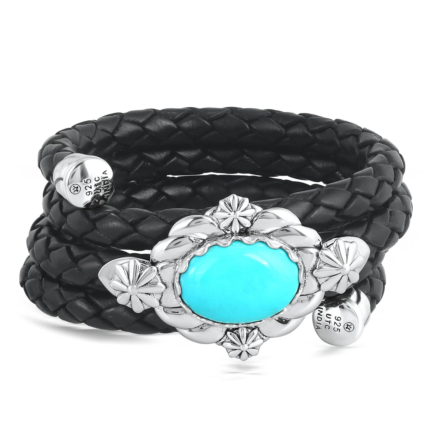 Sterling Silver Kingman Turquoise Black Braided Leather Coil Wrap Bracelet, 24 Inches