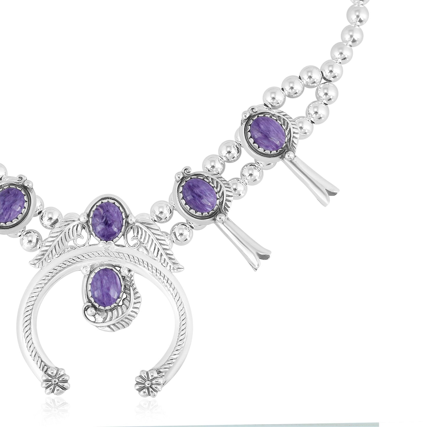 EXCLUSIVELY OURS! Sterling Silver Charoite Squash Blossom Necklace 17 to 20 Inches