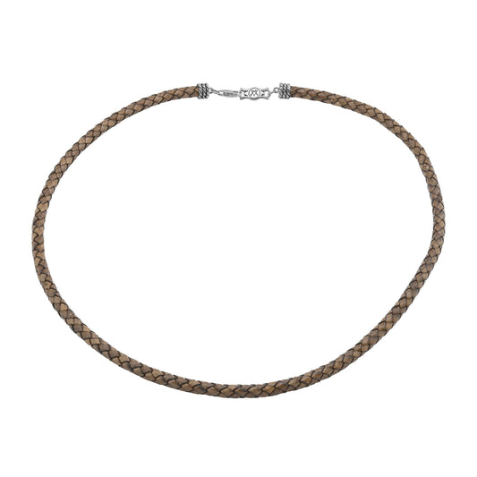 Braided Antique Brown Leather Sterling Silver Necklace