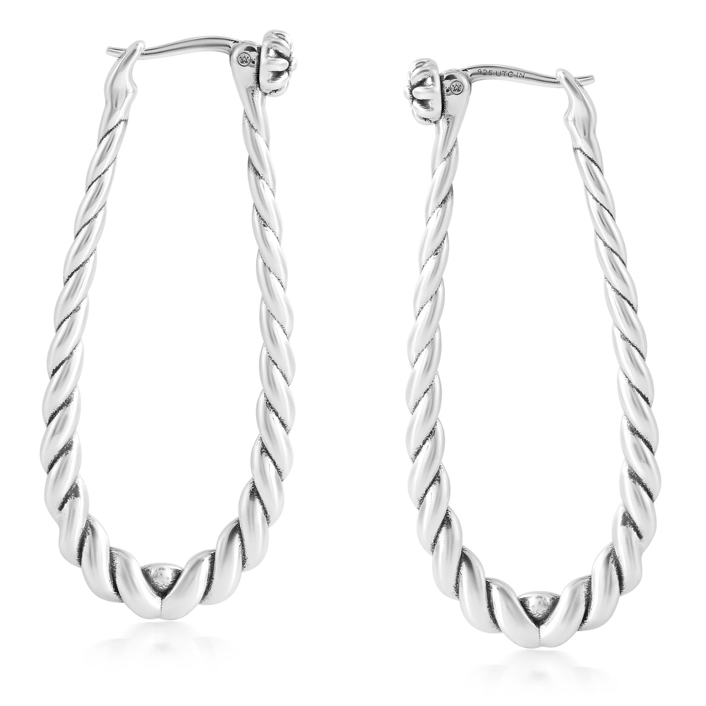 Sterling Silver Elongated Oval Rope Textured Hoop Earrings