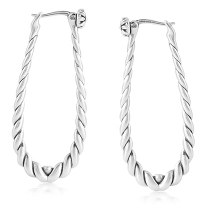 Sterling Silver Elongated Oval Rope Textured Hoop Earrings