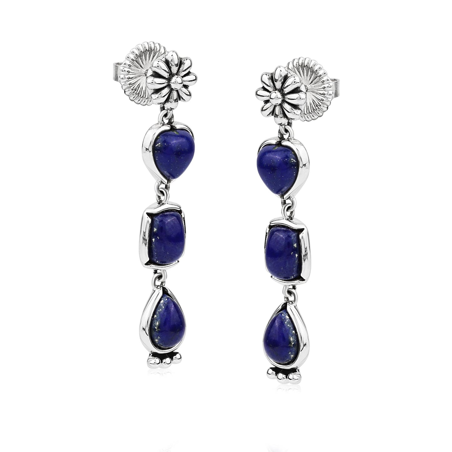 Sterling Silver Lapis Gemstone Heart, Rectangle and Pear Concha Post Dangle Earrings 