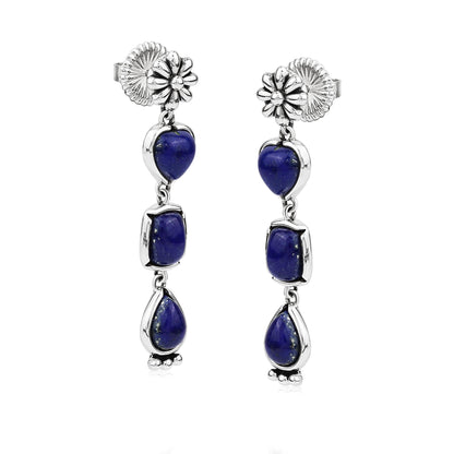 Sterling Silver Lapis Gemstone Heart, Rectangle and Pear Concha Post Dangle Earrings 