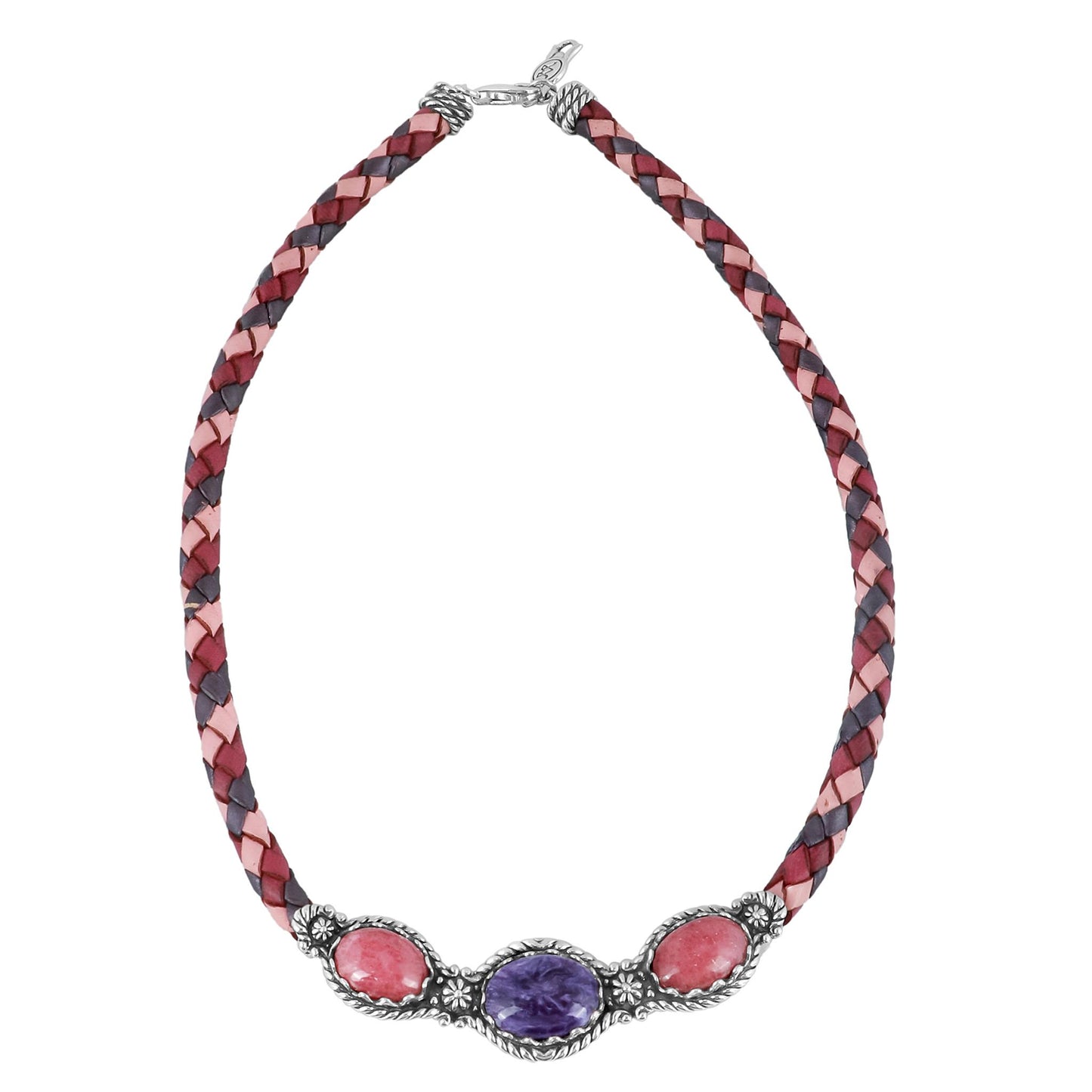 Sterling Silver Charoite and Rhodonite Pink Tonal Braided Leather 3-Stone Necklace