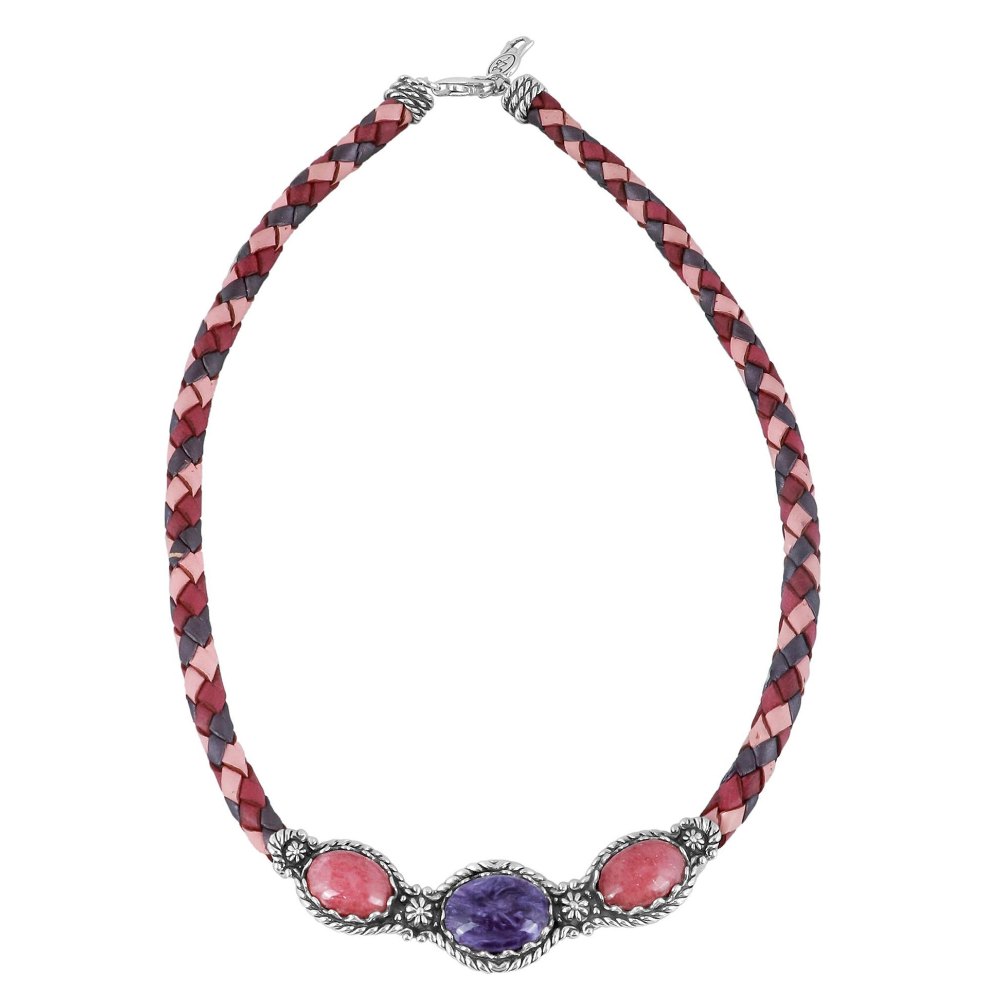 Sterling Silver Charoite and Rhodonite Pink Tonal Braided Leather 3-Stone Necklace