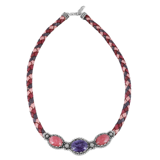 Sterling Silver Charoite and Rhodonite Pink Tonal Braided Leather 3-Stone Necklace