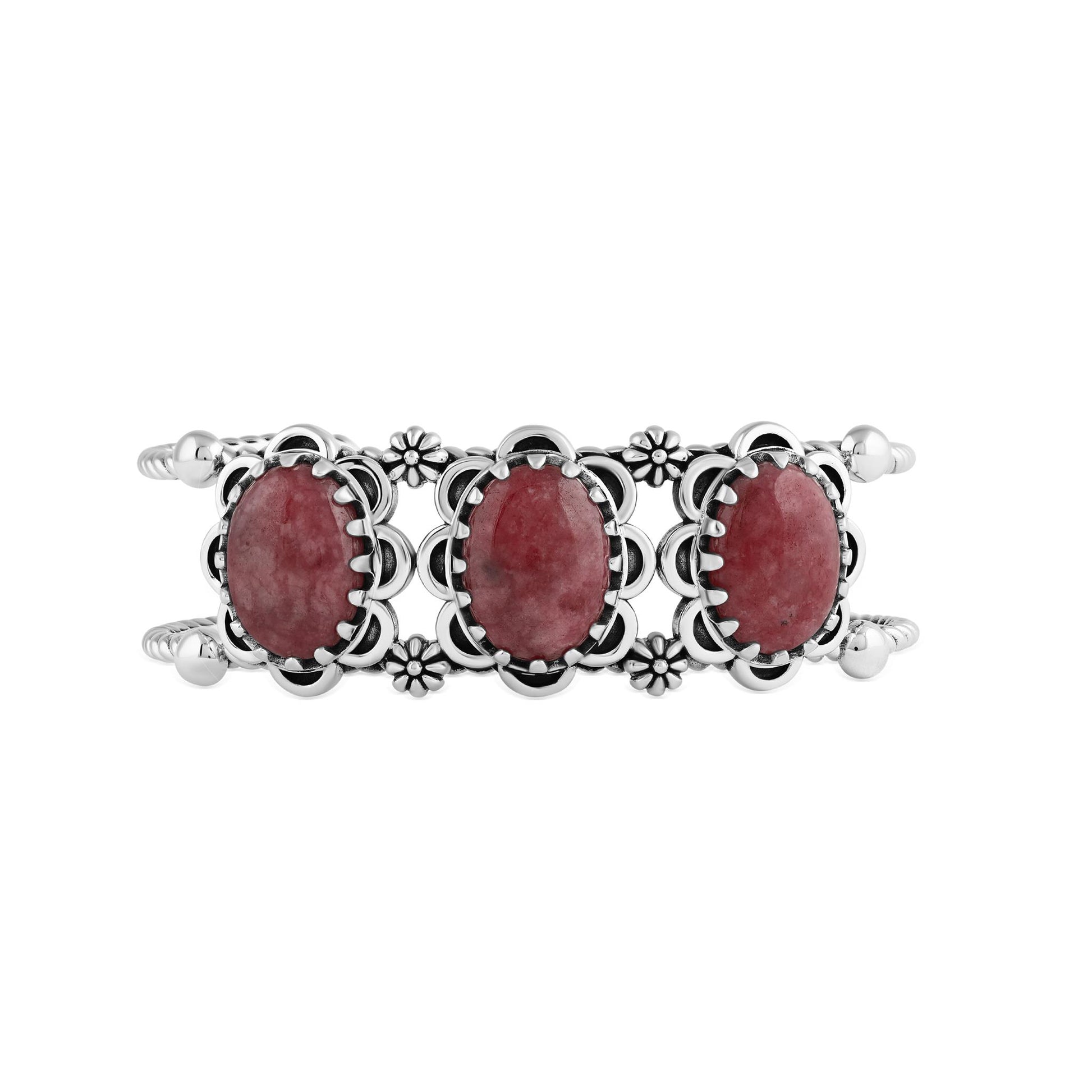 Sterling Silver Rhodonite Oval Scallop Concha Cuff Bracelet