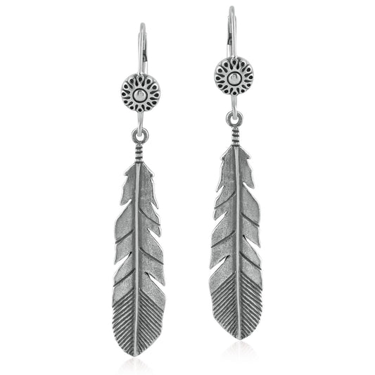 EXCLUSIVELY OURS! Sterling Silver Feather and Flower Dangle Earrings