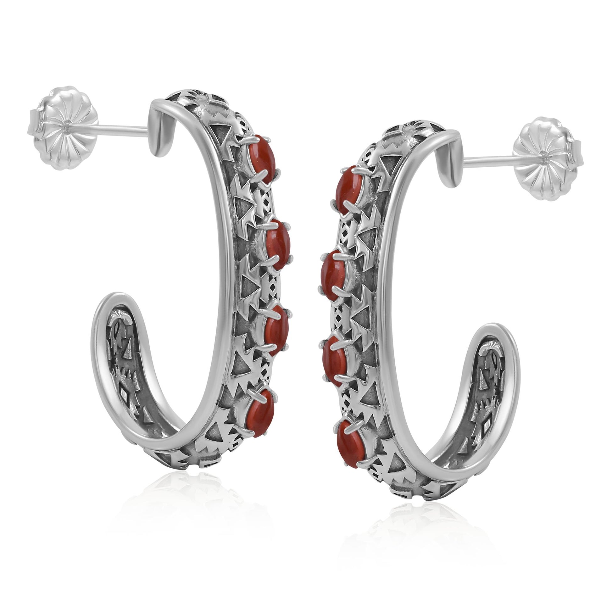 Sterling Silver Red Jasper Patterned J-Hoop 1 Inch Earrings 