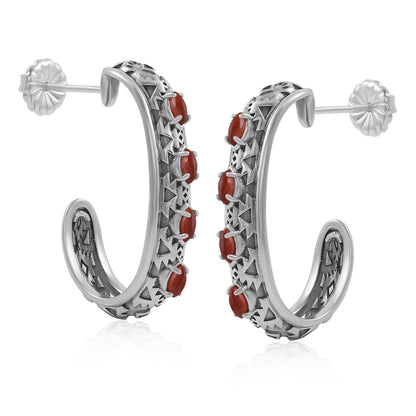 Sterling Silver Red Jasper Patterned J-Hoop 1 Inch Earrings 