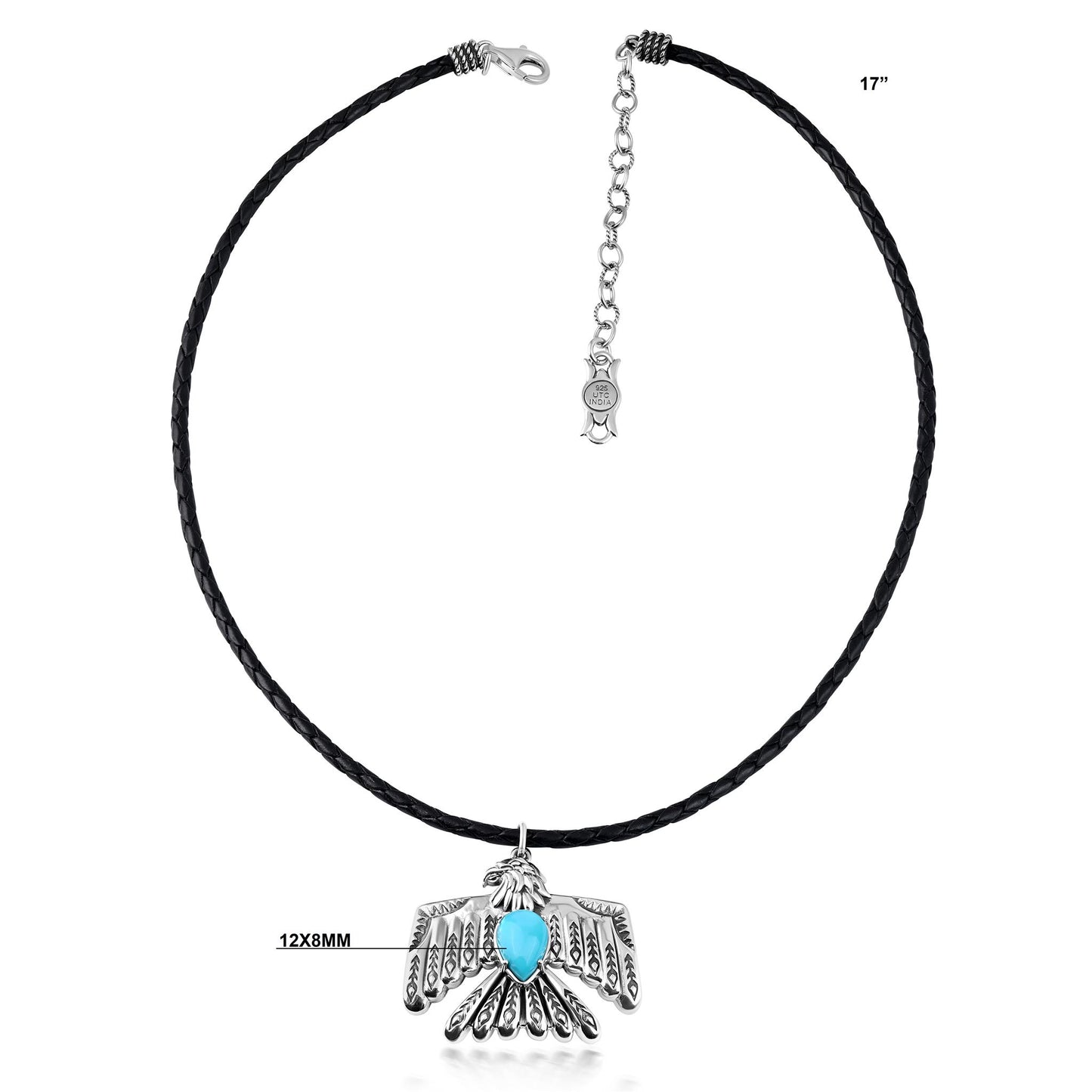 LIMITED EDITION! Sterling Silver Sleeping Beauty Turquoise Black Leather Thunderbird Pendant Necklace, 17 to 20 Inches