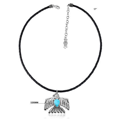 LIMITED EDITION! Sterling Silver Sleeping Beauty Turquoise Black Leather Thunderbird Pendant Necklace, 17 to 20 Inches