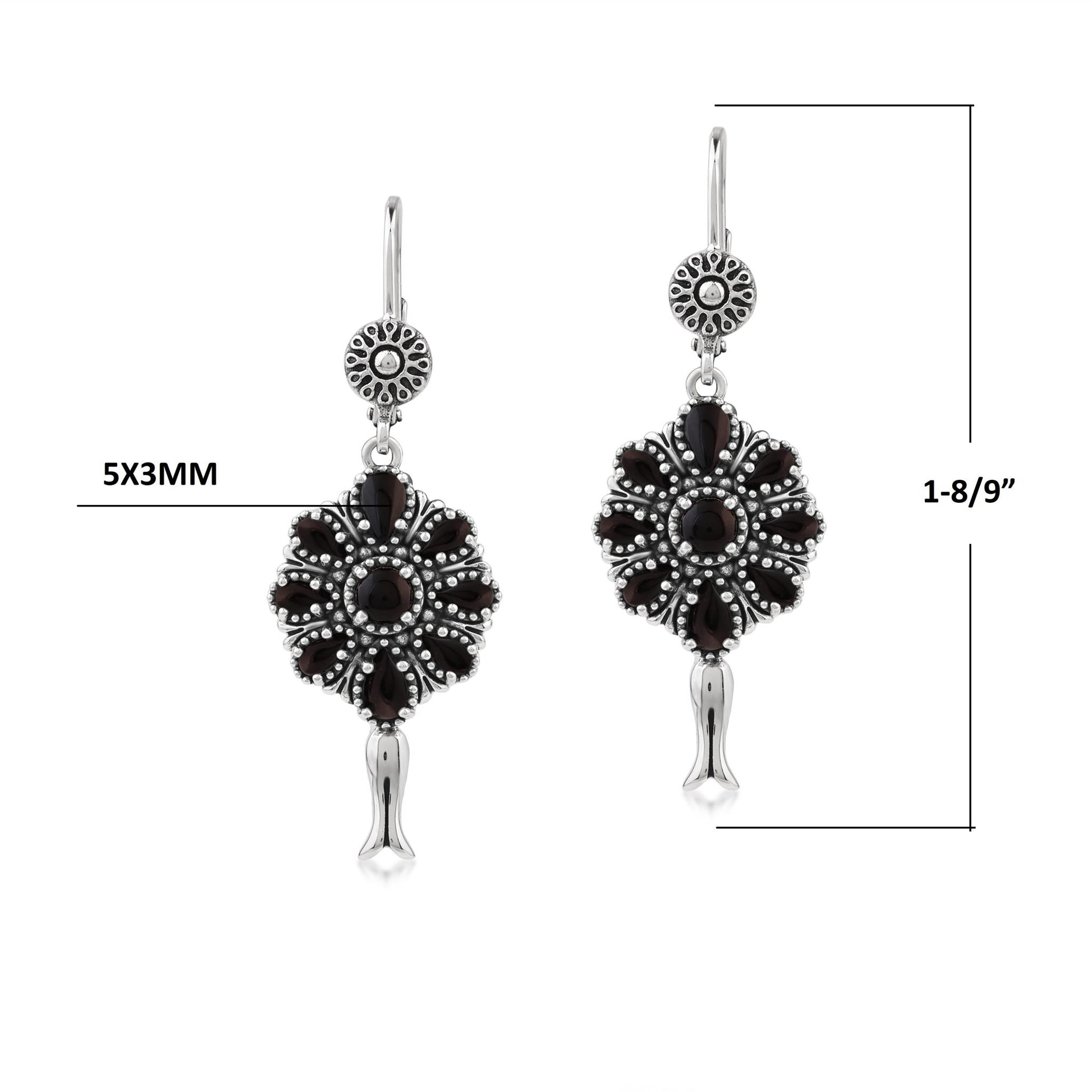  Sterling Silver Black Onyx Flower Cluster Squash Blossom Earrings