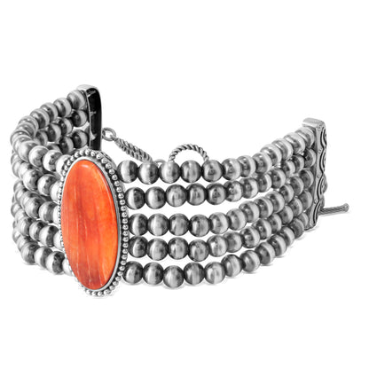 Sterling Silver Orange Spiny Oyster Oval Cut Triple Bead Toggle Bracelet, Sizes Small to Large