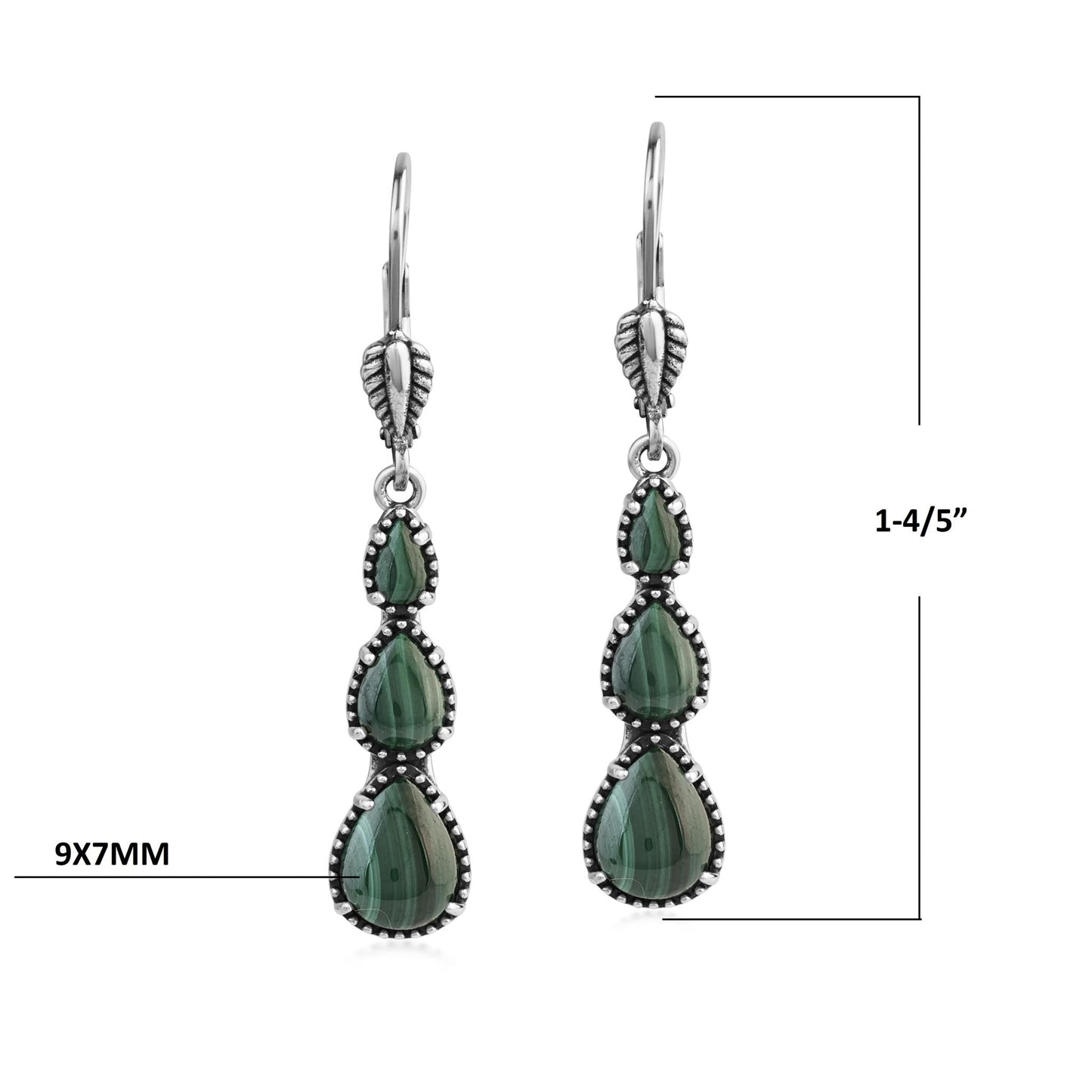  Sterling Silver Malachite 3-Pear Drop Lever Back Earrings