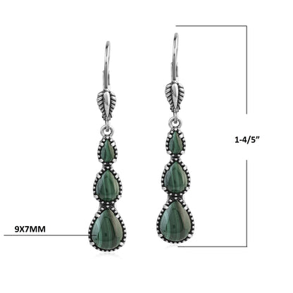  Sterling Silver Malachite 3-Pear Drop Lever Back Earrings