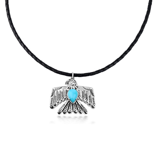 LIMITED EDITION! Sterling Silver Sleeping Beauty Turquoise Black Leather Thunderbird Pendant Necklace, 17 to 20 Inches