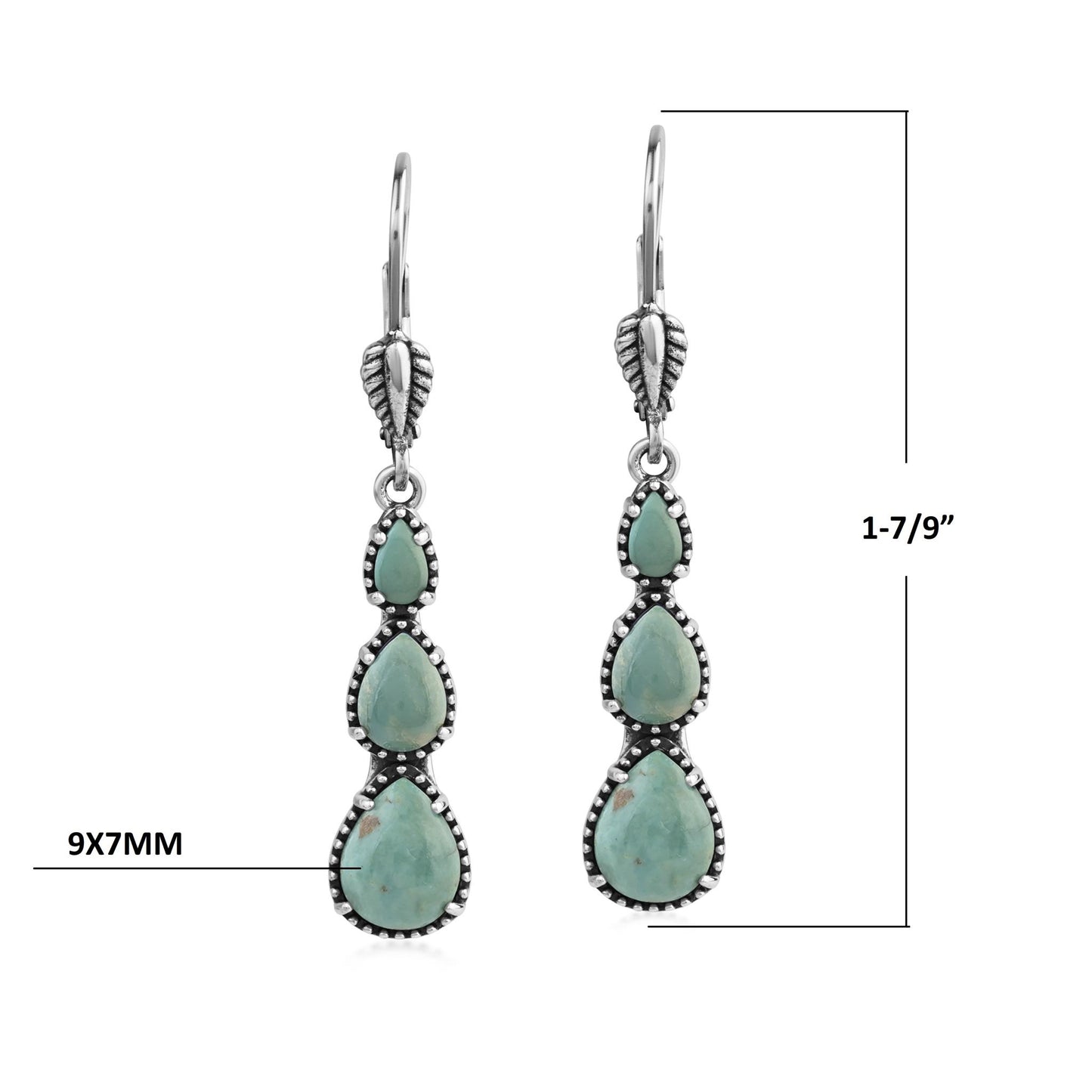  Sterling Silver Green Turquoise 3-Pear Drop Lever Back Earrings