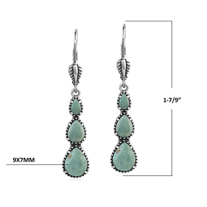  Sterling Silver Green Turquoise 3-Pear Drop Lever Back Earrings