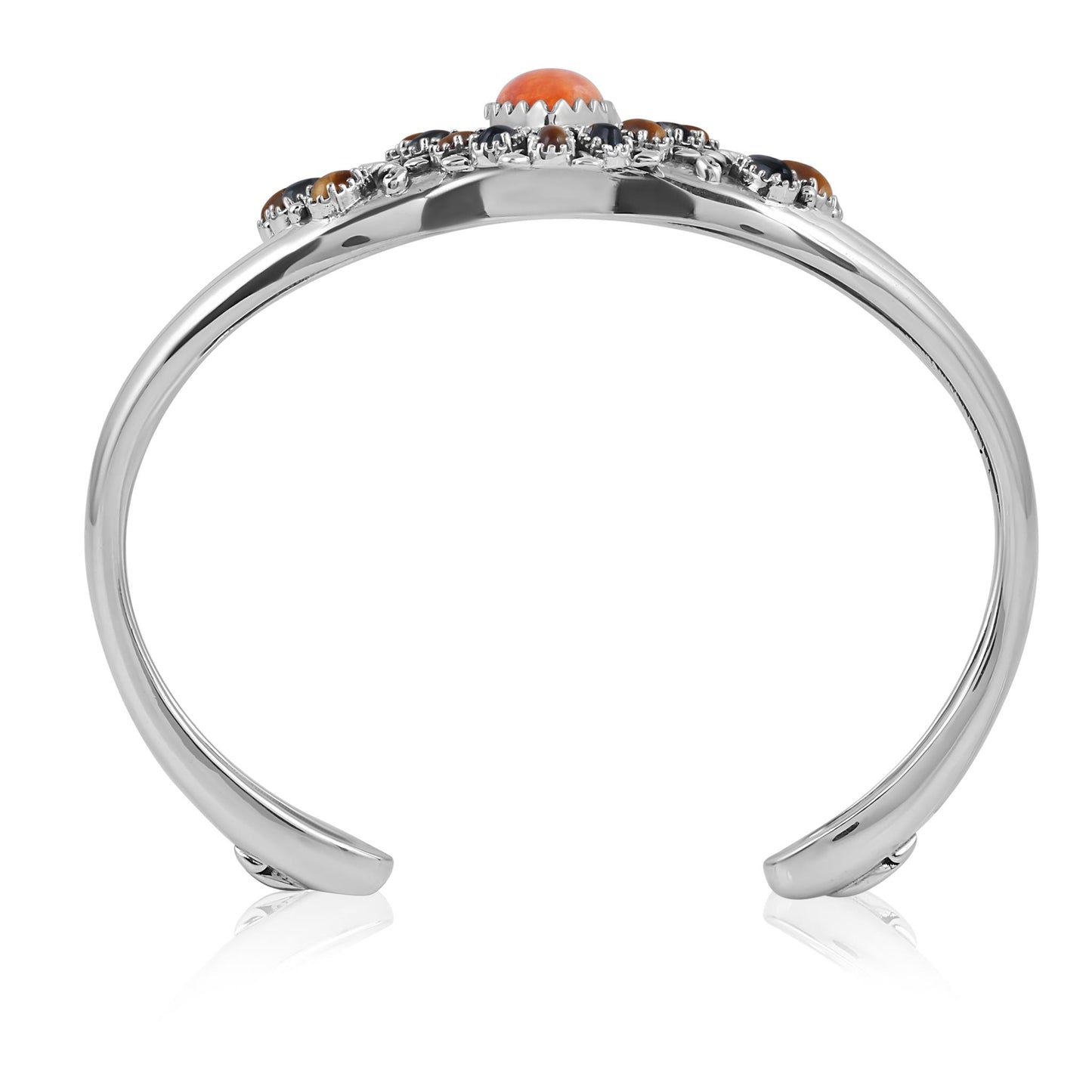 Sterling Silver Orange Spiny Oyster, Tiger's Eye, and Smoky Quartz Cluster Cuff Bracelet