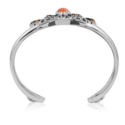Sterling Silver Orange Spiny Oyster, Tiger's Eye, and Smoky Quartz Cluster Cuff Bracelet