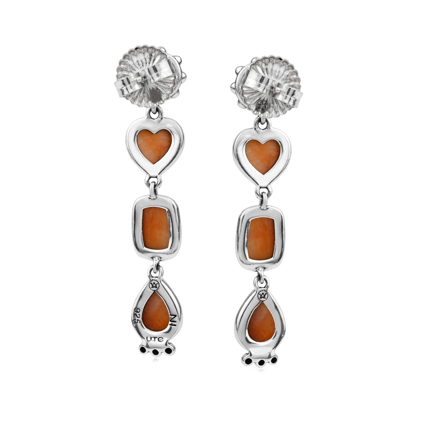 Sterling Silver Orange Spiny Oyster Gemstone Heart, Rectangle and Pear Concha Post Dangle Earrings 