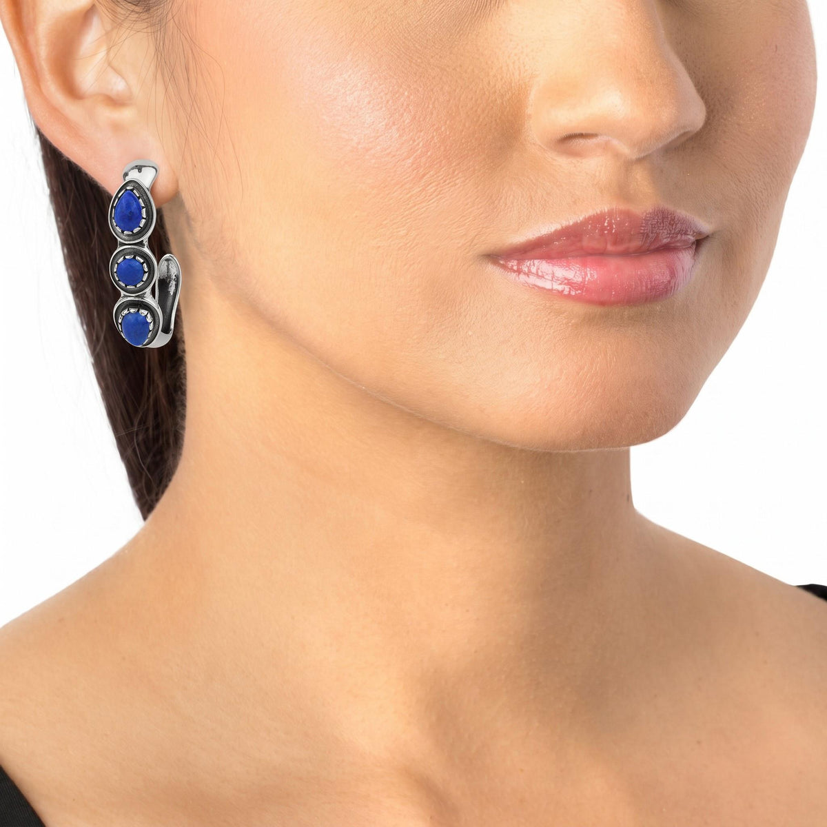 Sterling Silver Lapis Pear and Round Cut Hoop Earrings