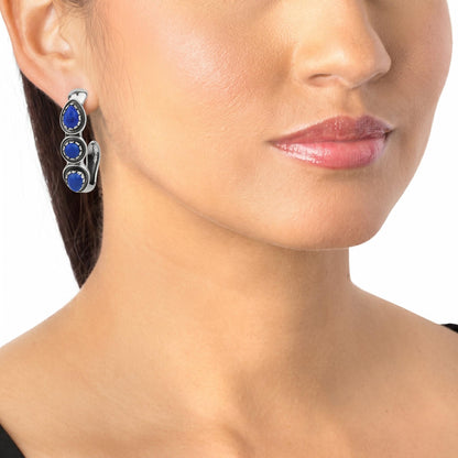 Sterling Silver Lapis Pear and Round Cut Hoop Earrings