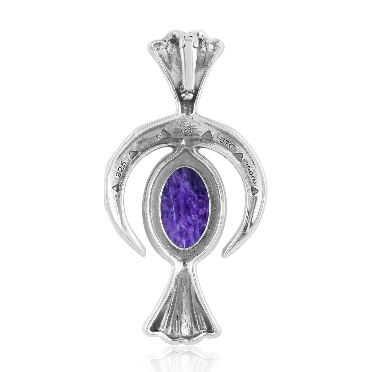 EXCLUSIVELY OURS! Sterling Silver Charoite Fritz Casuse Squash Blossom Naja Crescent Moon Pendant Enhancer