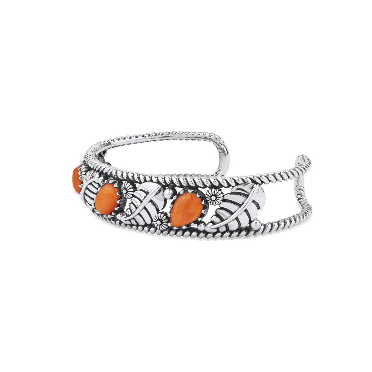 Sterling Silver Orange Spiny Oyster Oval and Pear Leaf Cuff Bracelet