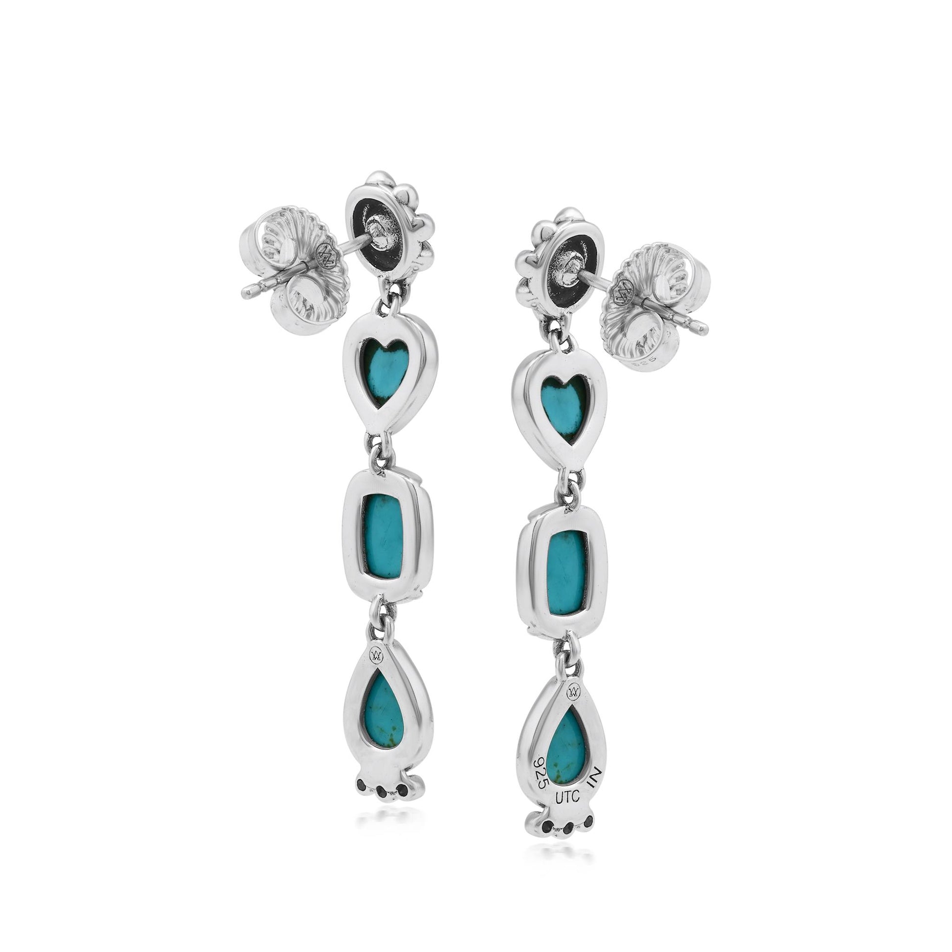 Sterling Silver Kingman Turquoise Gemstone Heart, Rectangle and Pear Concha Post Dangle Earrings 