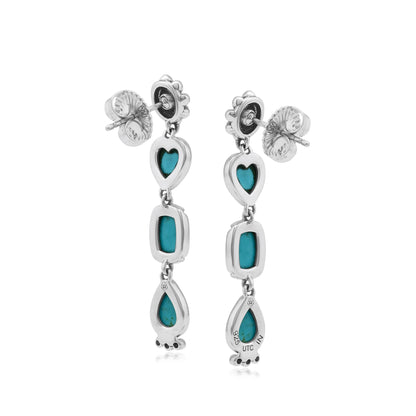 Sterling Silver Kingman Turquoise Gemstone Heart, Rectangle and Pear Concha Post Dangle Earrings 