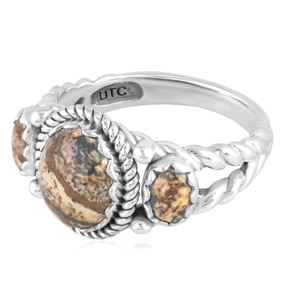 Sterling Silver Picture Jasper 3-Stone Ring, Sizes 5 to 11