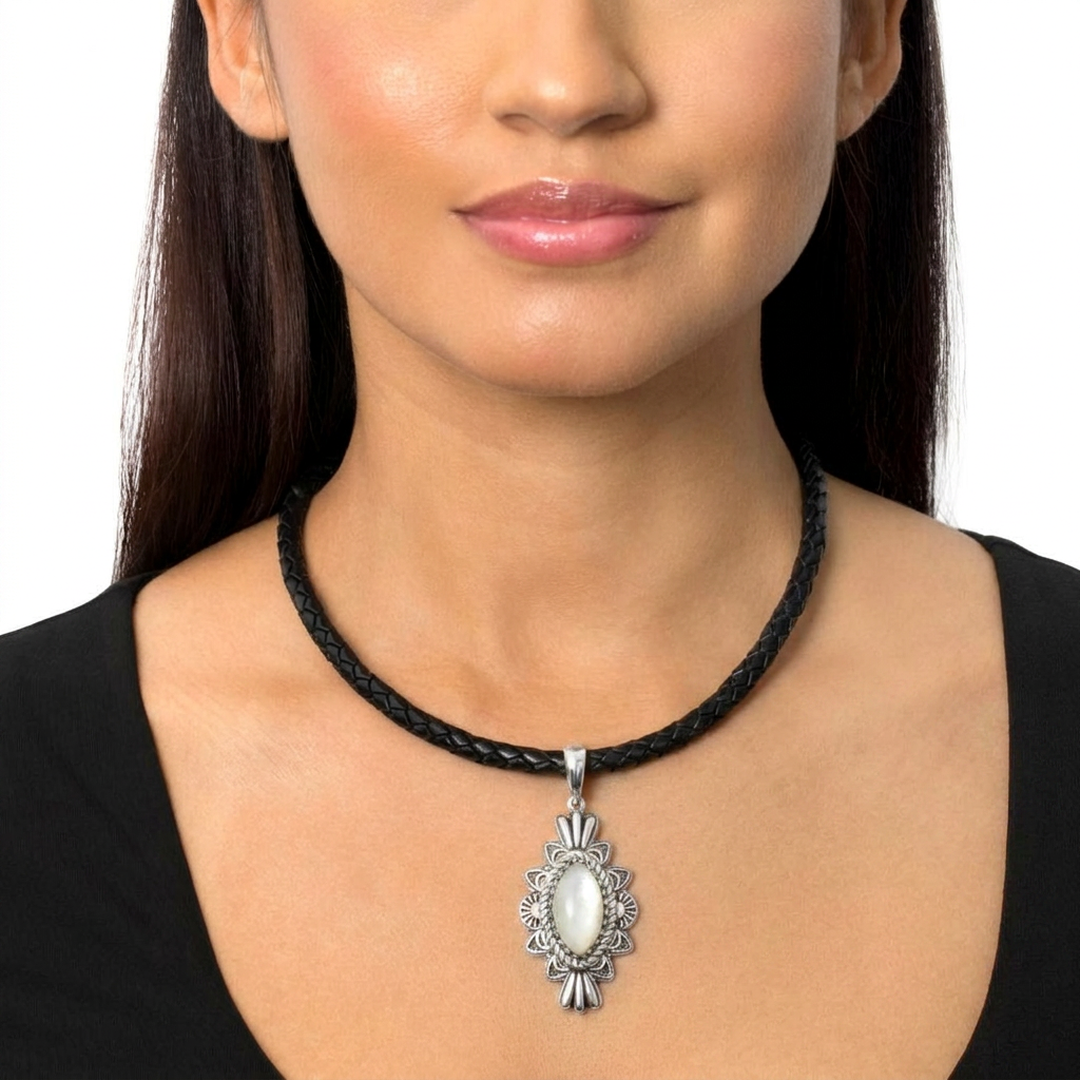 Sterling Silver White Mother of Pearl Marquise Cut Gemstone Pendant Enhancer
