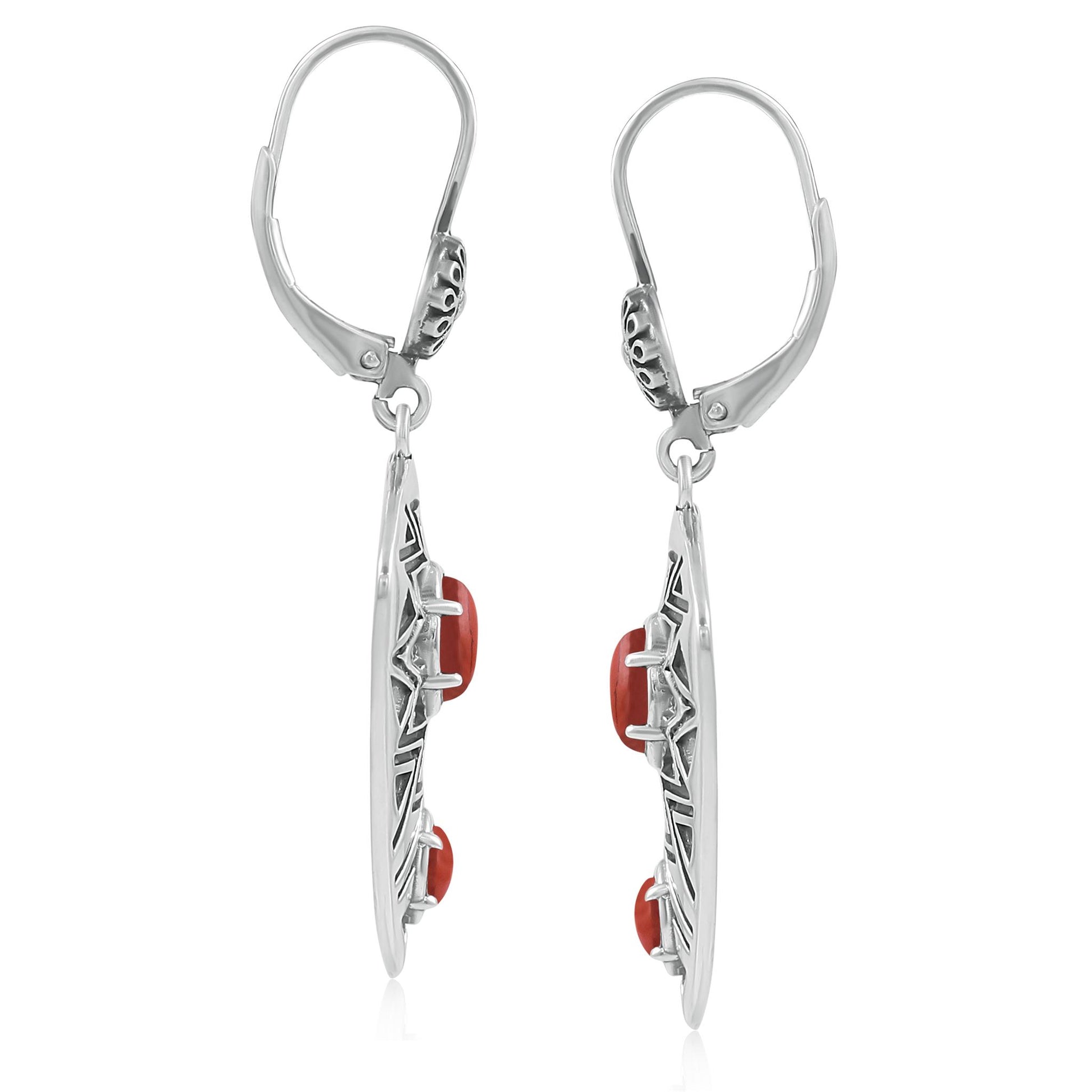 Sterling Silver Marquise Red Jasper Patterned Lever Back Earrings 