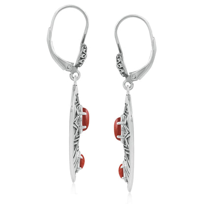 Sterling Silver Marquise Red Jasper Patterned Lever Back Earrings 