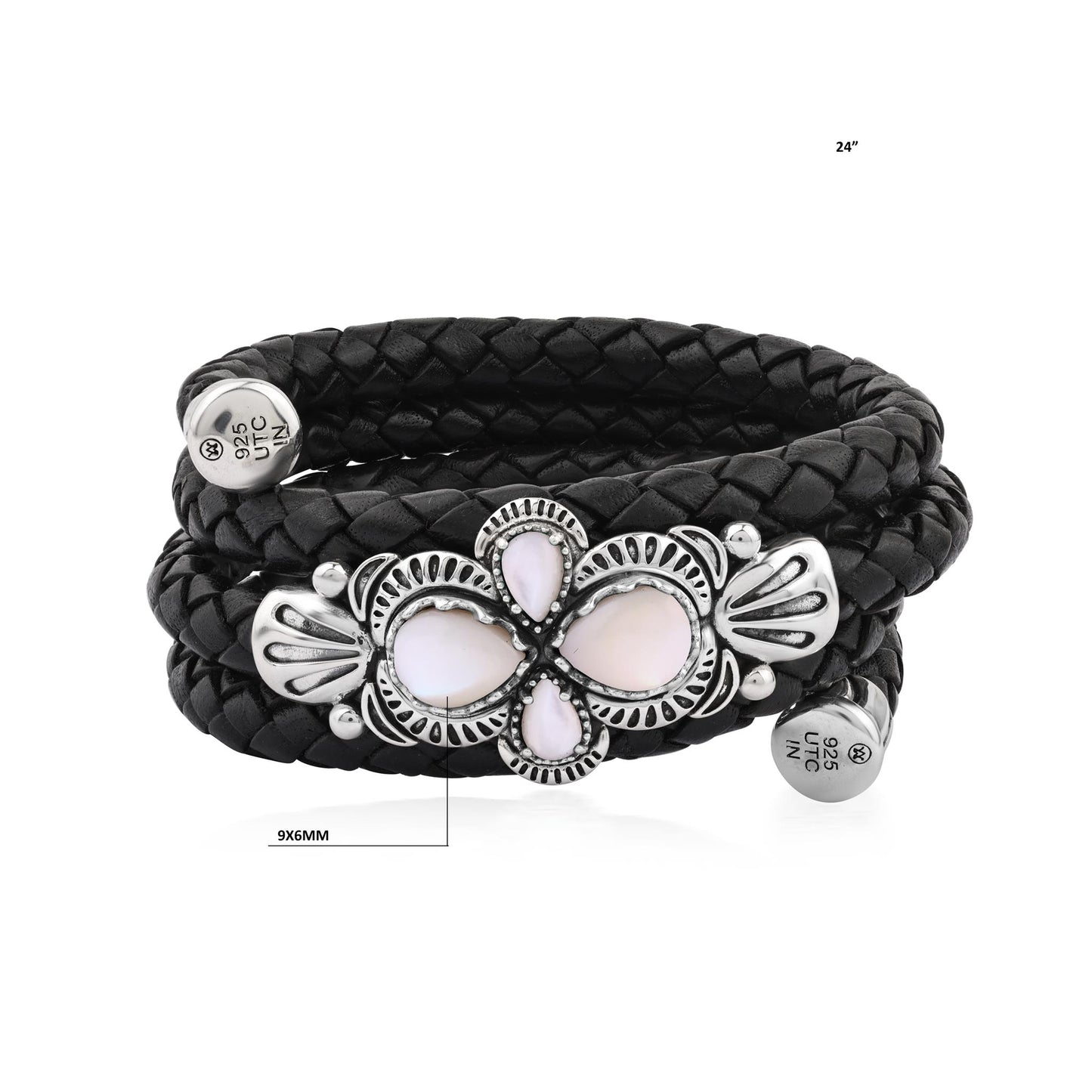 Sterling Silver White Mother of Pearl Pear Cluster Black Leather Wrap Bracelet 