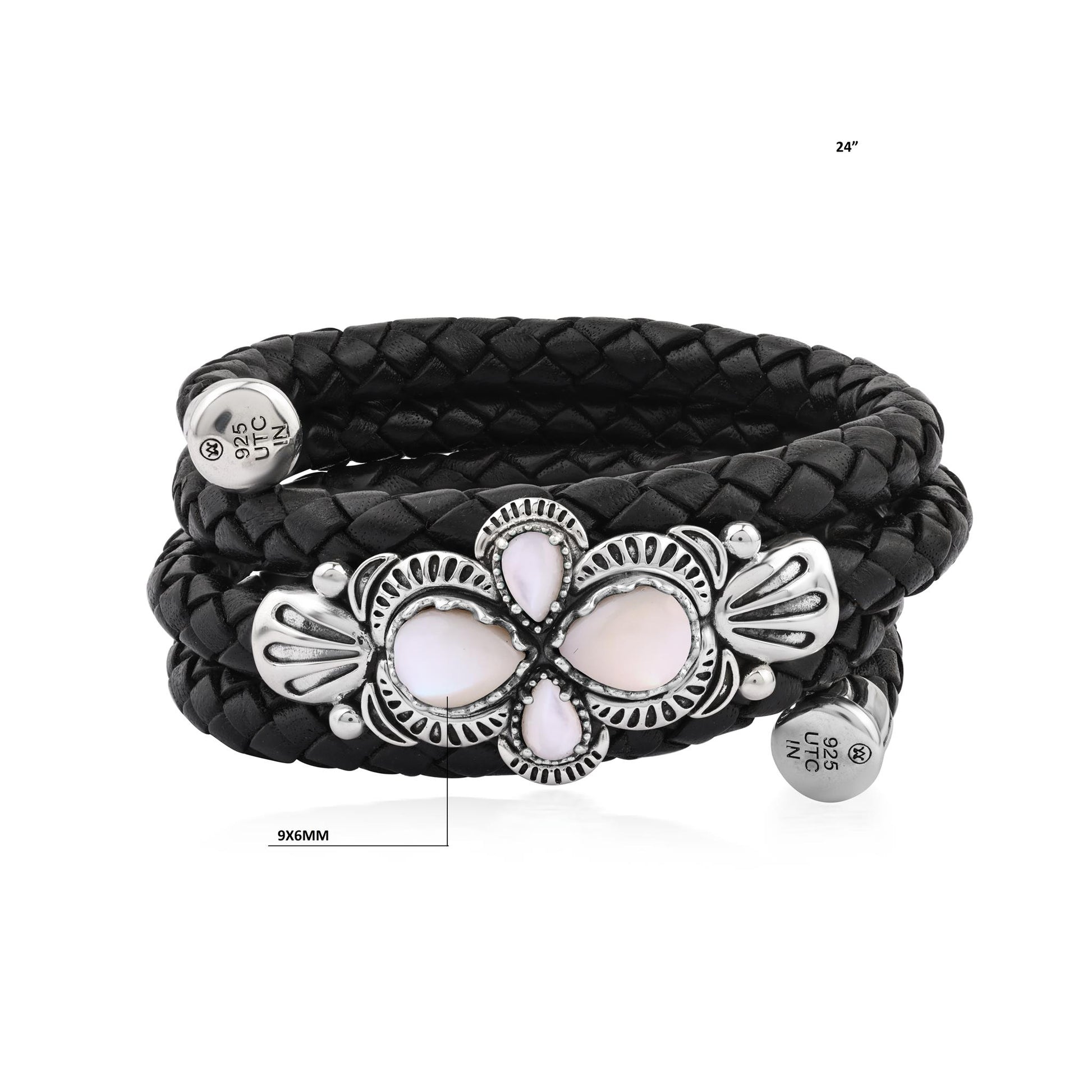  Sterling Silver White Mother of Pearl Pear Cluster Black Leather Wrap Bracelet 
