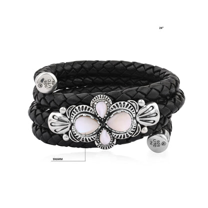  Sterling Silver White Mother of Pearl Pear Cluster Black Leather Wrap Bracelet 