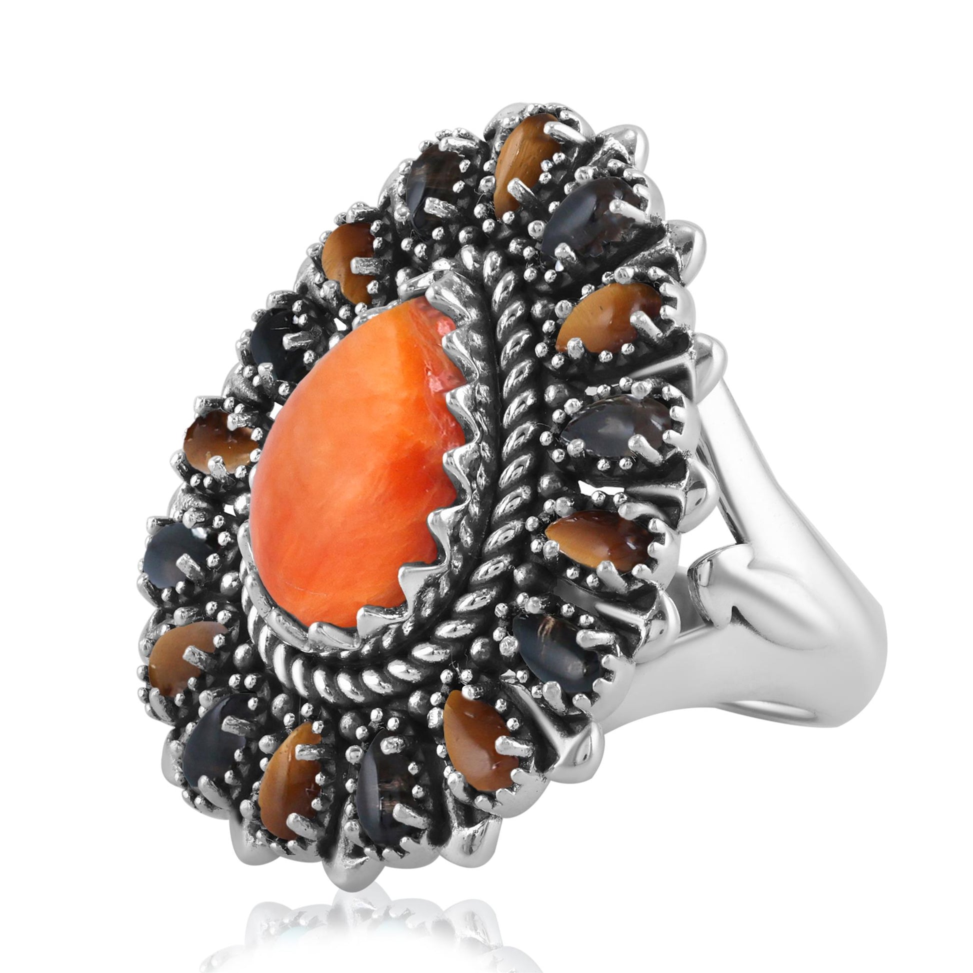 Sterling Silver Orange Spiny Oyster, Tiger's Eye and Smoky Quartz Pear-Shaped Cluster Ring
