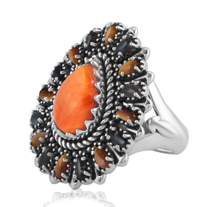 Sterling Silver Orange Spiny Oyster, Tiger's Eye and Smoky Quartz Pear-Shaped Cluster Ring