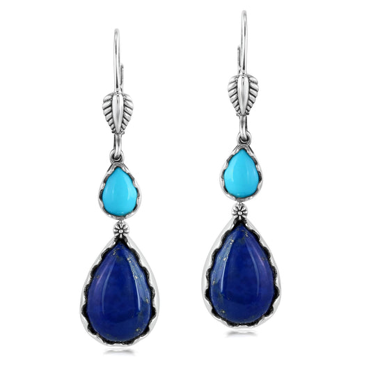 Sterling Silver Lapis and Sleeping Beauty Turquoise Double Pear Dangle Earrings