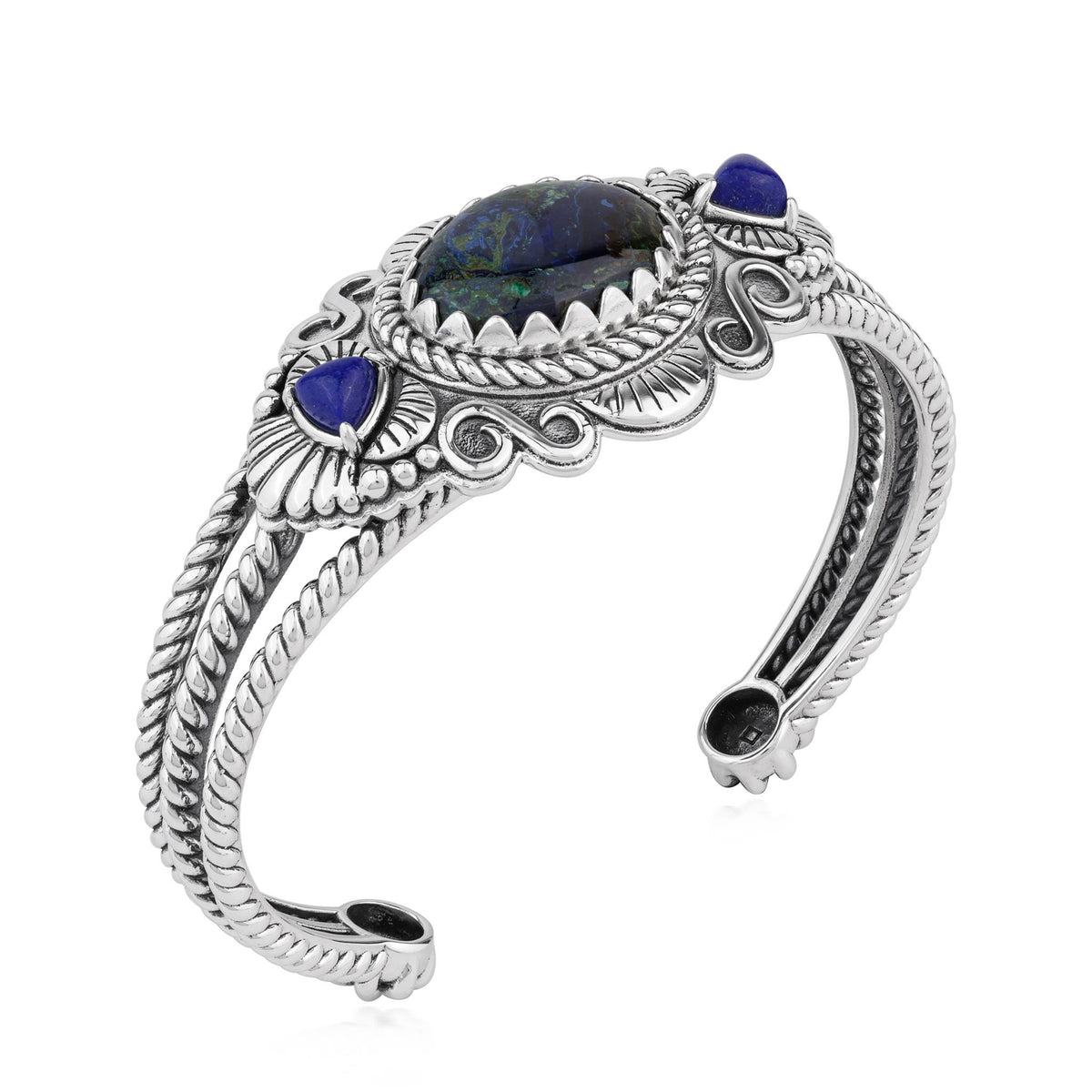 Sterling Silver Azurite and Lapis Oval and Trillion Gemstone Cuff