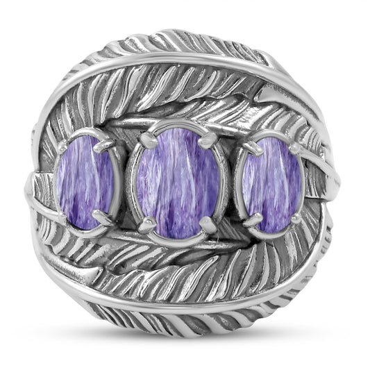Sterling Silver Charoite Three-Stone Oval Cut Feather Ring