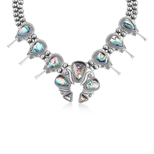 LIMITED EDITION! Sterling Silver Abalone Shell Doublet Large Naja Squash Blossom Necklace