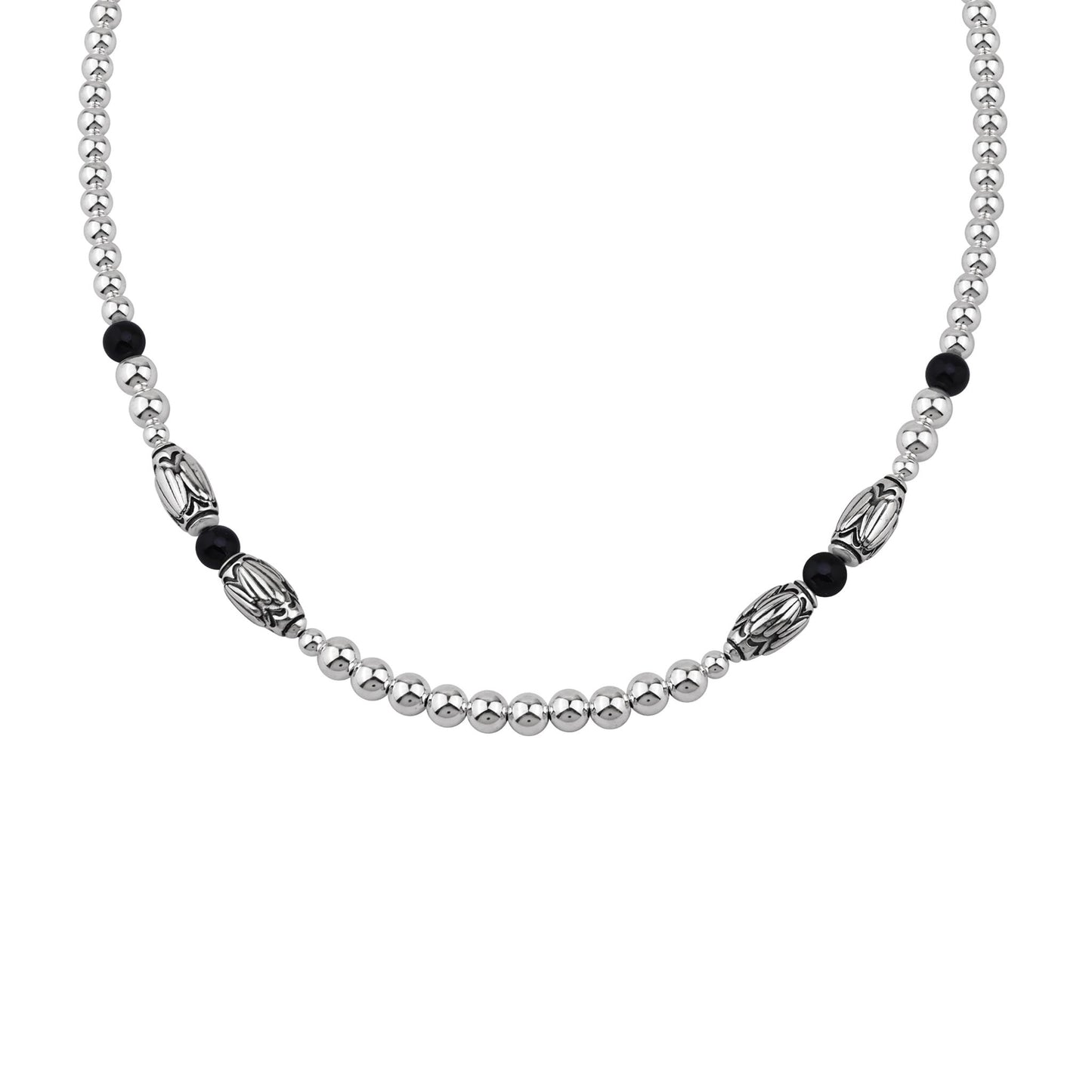  Sterling Silver Black Onyx Barrel Bead Necklace