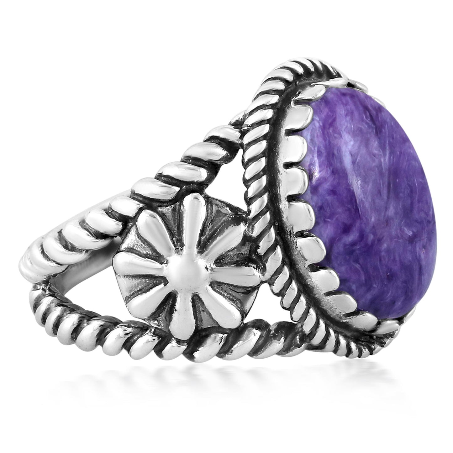 EXCLUSIVELY OURS! Sterling Silver Charoite Concha Flower Ring, Sizes 5 to 10